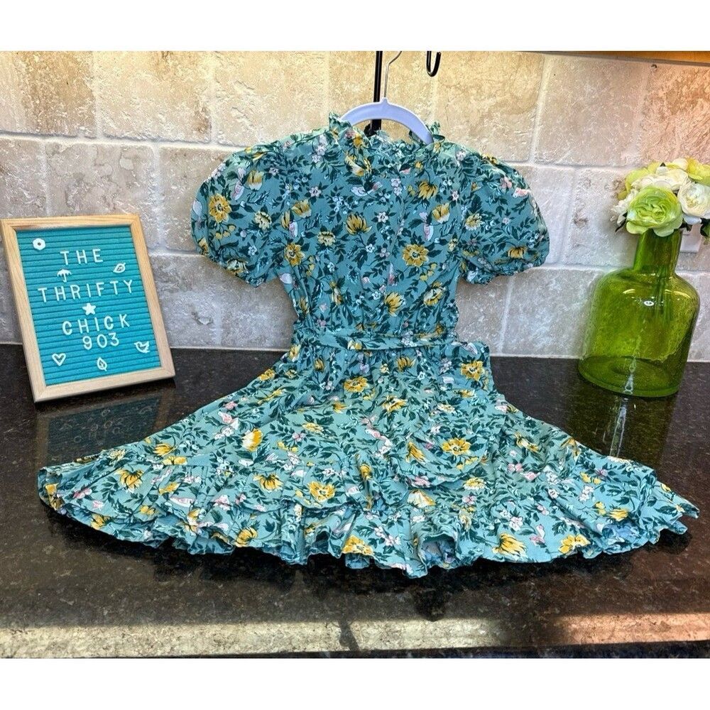 Janie and Jack Girls Ruffle Wrap Puff Sleeve Dress Sage Green Size 10 EUC